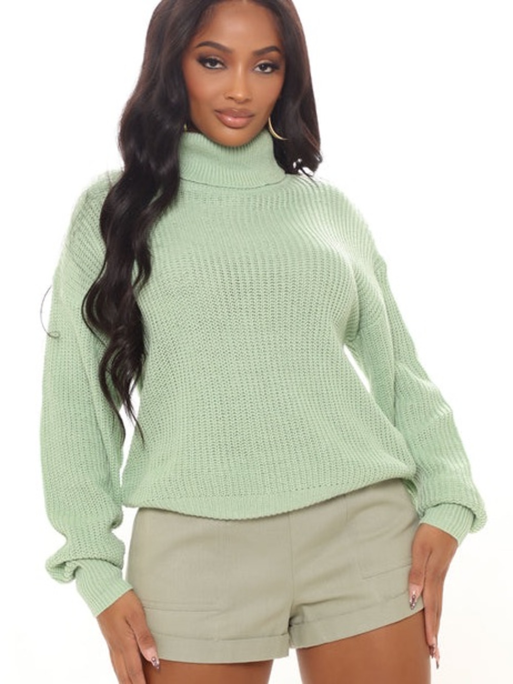 Fashion Nova Light Sage Mock Neck Knit Sweater
